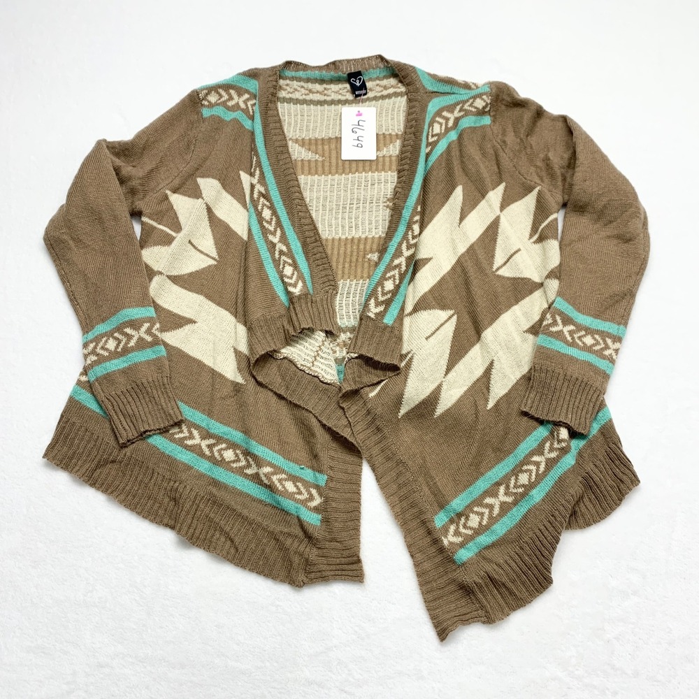 Windsor Southwestern Aztec Cardigan Women M/L Brown Turquoise Knit Sweater
